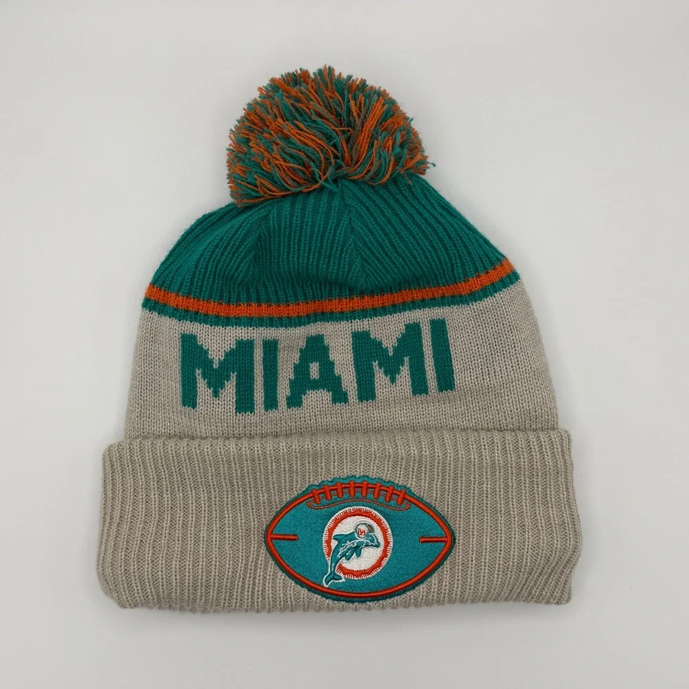New Era Miami Dolphins NFL Knit Pom Beanie Hat Grey‎ Teal Orange Fleece Lined OS